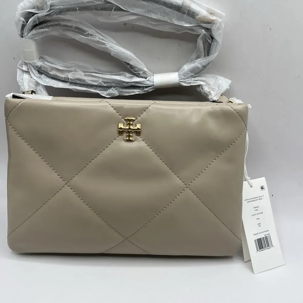 Tory Burch Small Kira Diamond Quilt Leather Shoulder Bag Light Stone Beige NWT